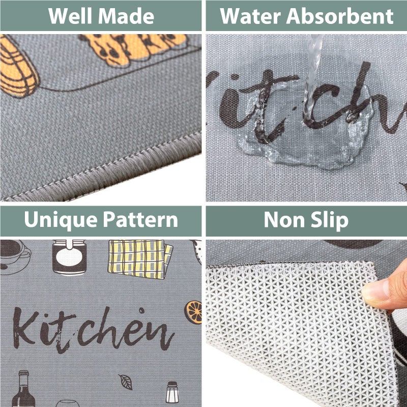 Carvapet 2-Piece Kitchen Rug Set â€“ Grey Non Slip Floor Mats with TPR Backing for Kitchen Doorway Bathroom, Washable Runner and Doormat 17"x48"+17"x24" - Image 3